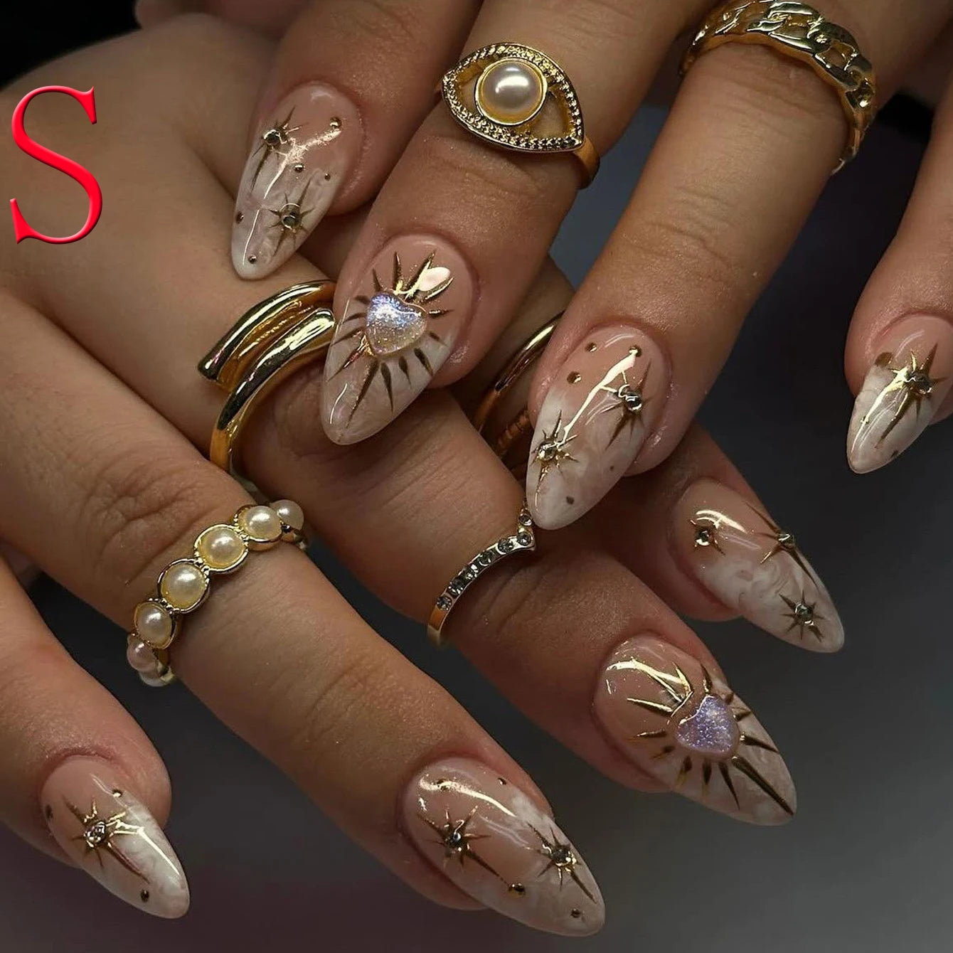 10PCS 3D Sun Star Gold Nail Almond Short Gold Charm Design Reusable Acrylic Fake Nails for Women And Girls As gifts