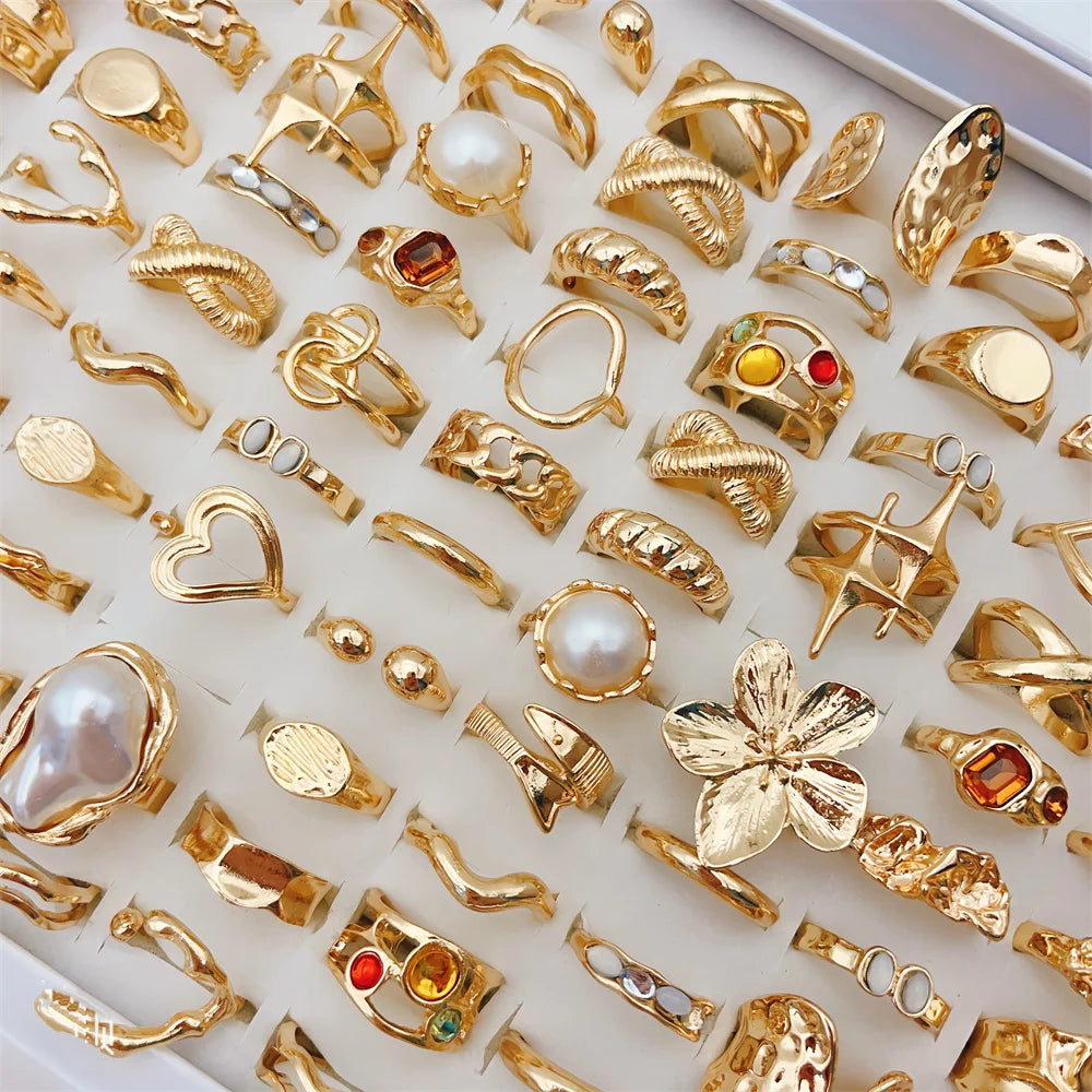 20Pcs Unique Flower Heart Irregular Hollow Rings For Women Mix Style Colorful Rhinestones Jewelry Party Gifts