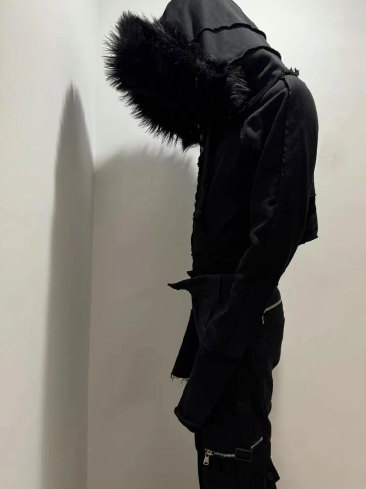 Gothic American Vintage Pure Color Slim Zip Up Hoodie Women 2000s Y2k Autumn Winter Subculture Hooded Sweatshirt Harajuku Coat